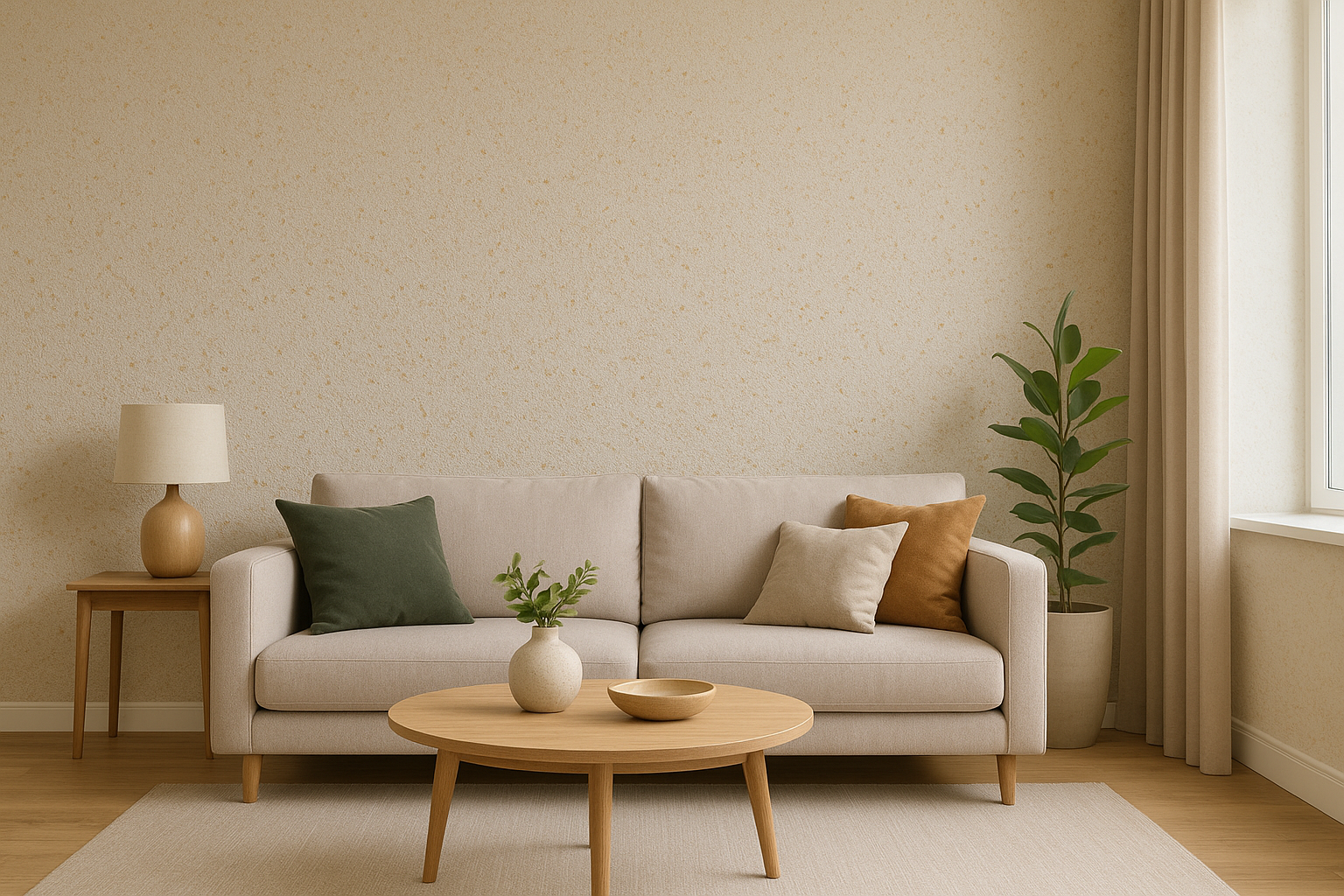 دیوار پذیرایی با پوشش بلکا ابریشمی کرم رنگ، جلوه‌ای لوکس و مدرن در دکوراسیون منزل