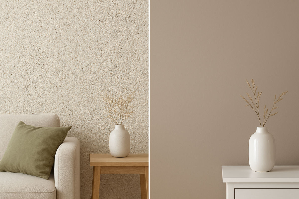 مقایسه دیوار پوشیده شده با بلکا و رنگ روغنی در فضای داخلی خانه مدرن