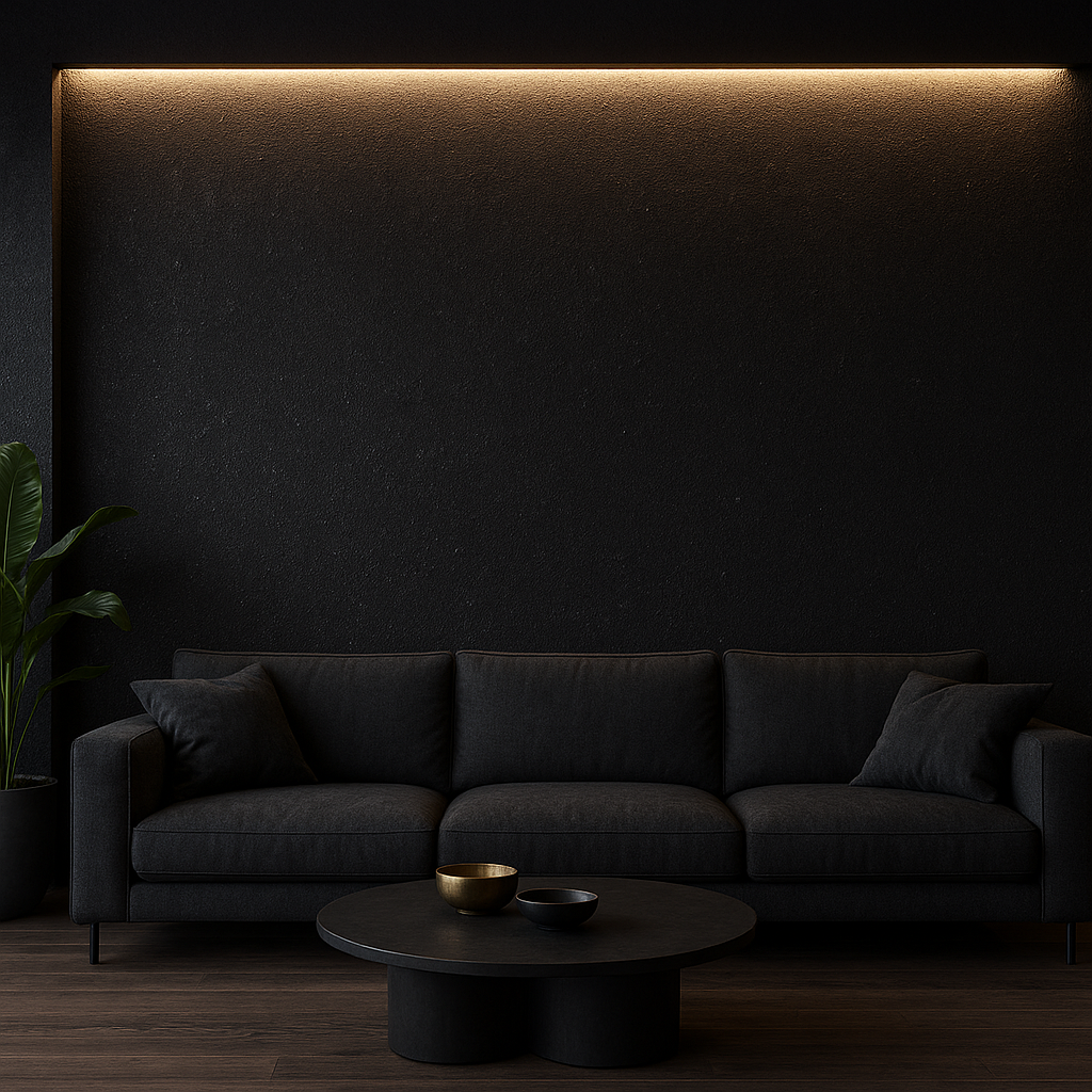 اجرای بلکا مشکی روی دیوار پذیرایی با نورپردازی مدرن